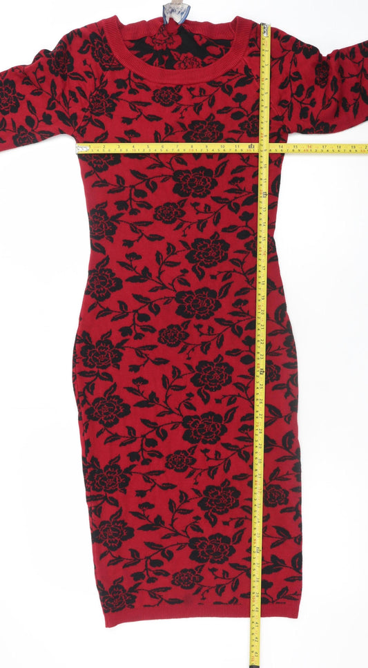 Collectif Vintage Womens Red Floral Knit Bodycon Dress UK 14