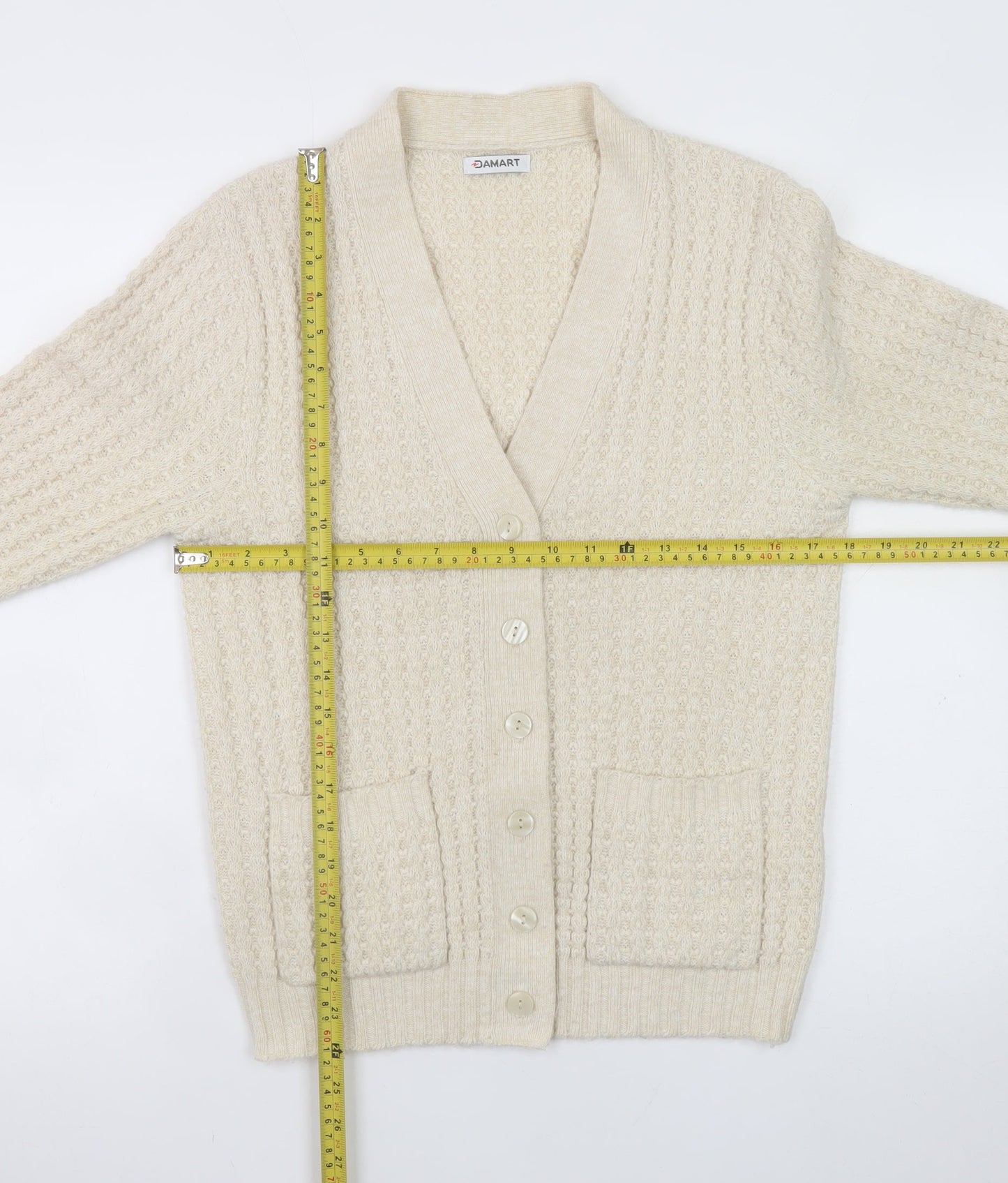 Damart Women's Beige V-Neck Knit Cardigan Size S Acrylic Wool