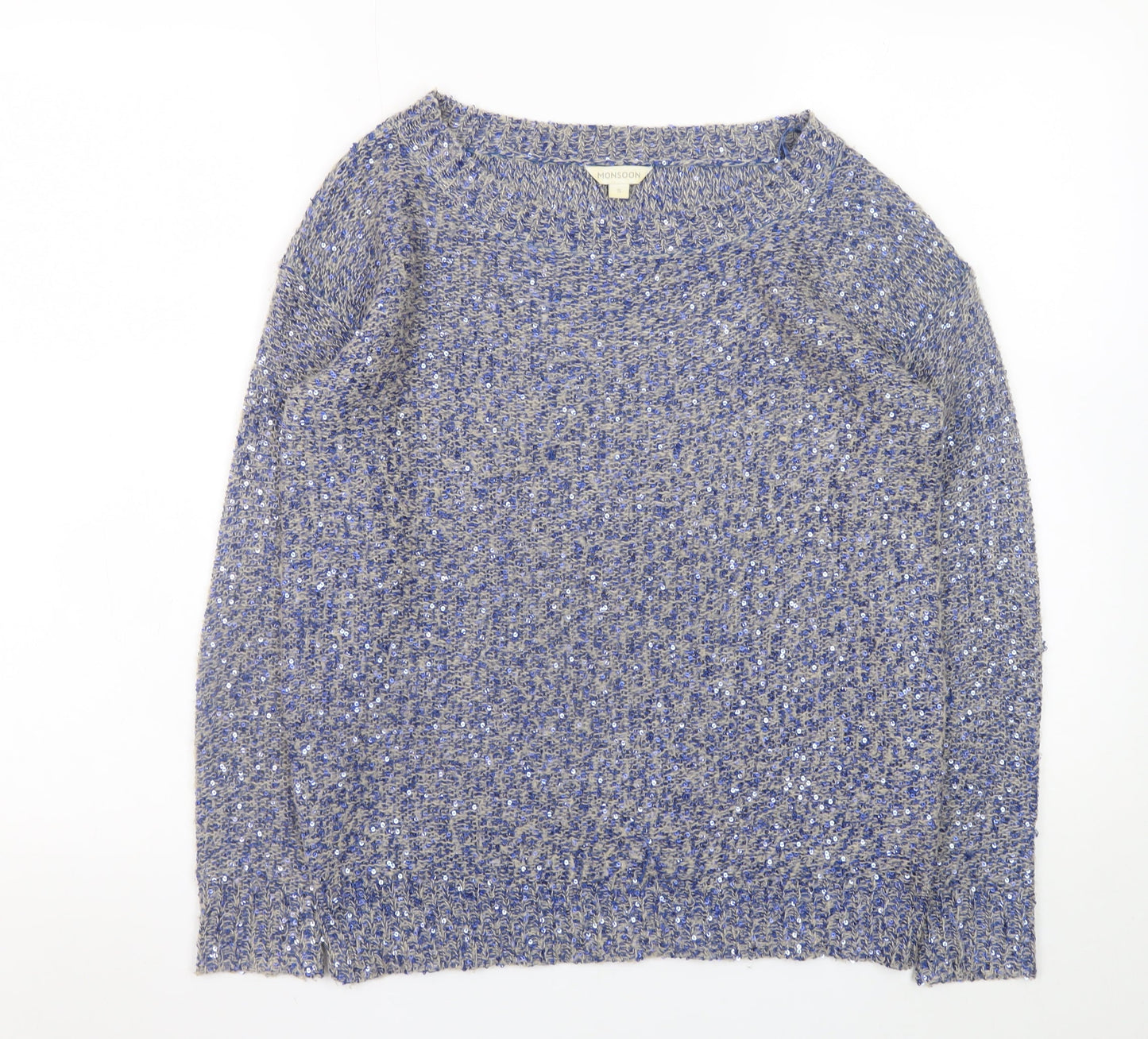 Monsoon Women Blue Sequin Knit Jumper Size S Boat Neck Long Sleeve