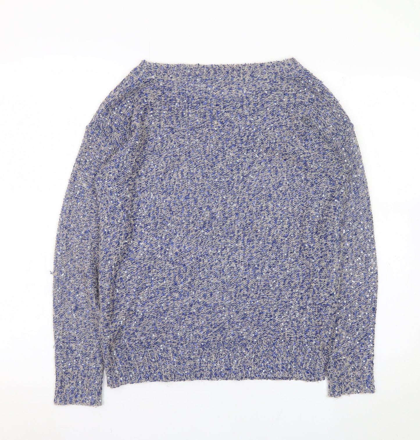 Monsoon Women Blue Sequin Knit Jumper Size S Boat Neck Long Sleeve