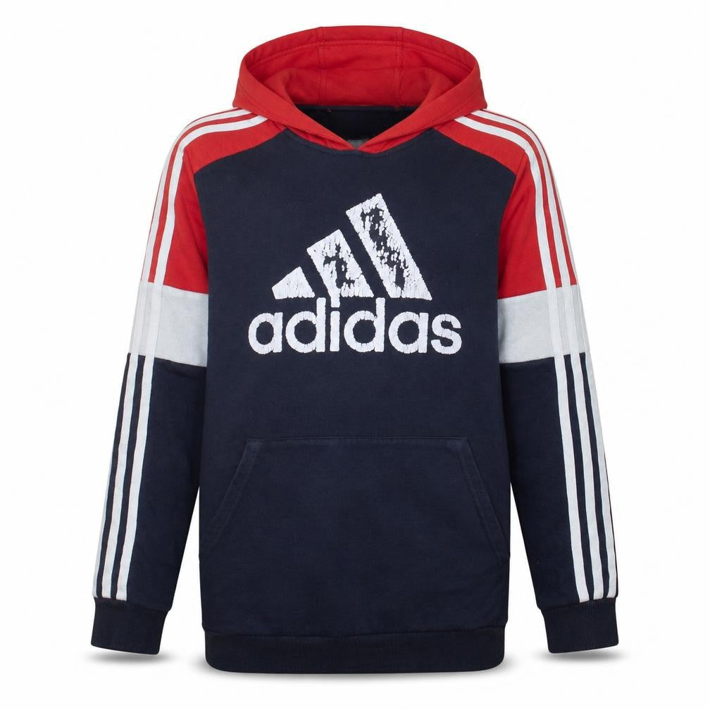 Front view of Adidas boys’ blue red pullover hoodie 13-14 years graphic fleece sweatshirt