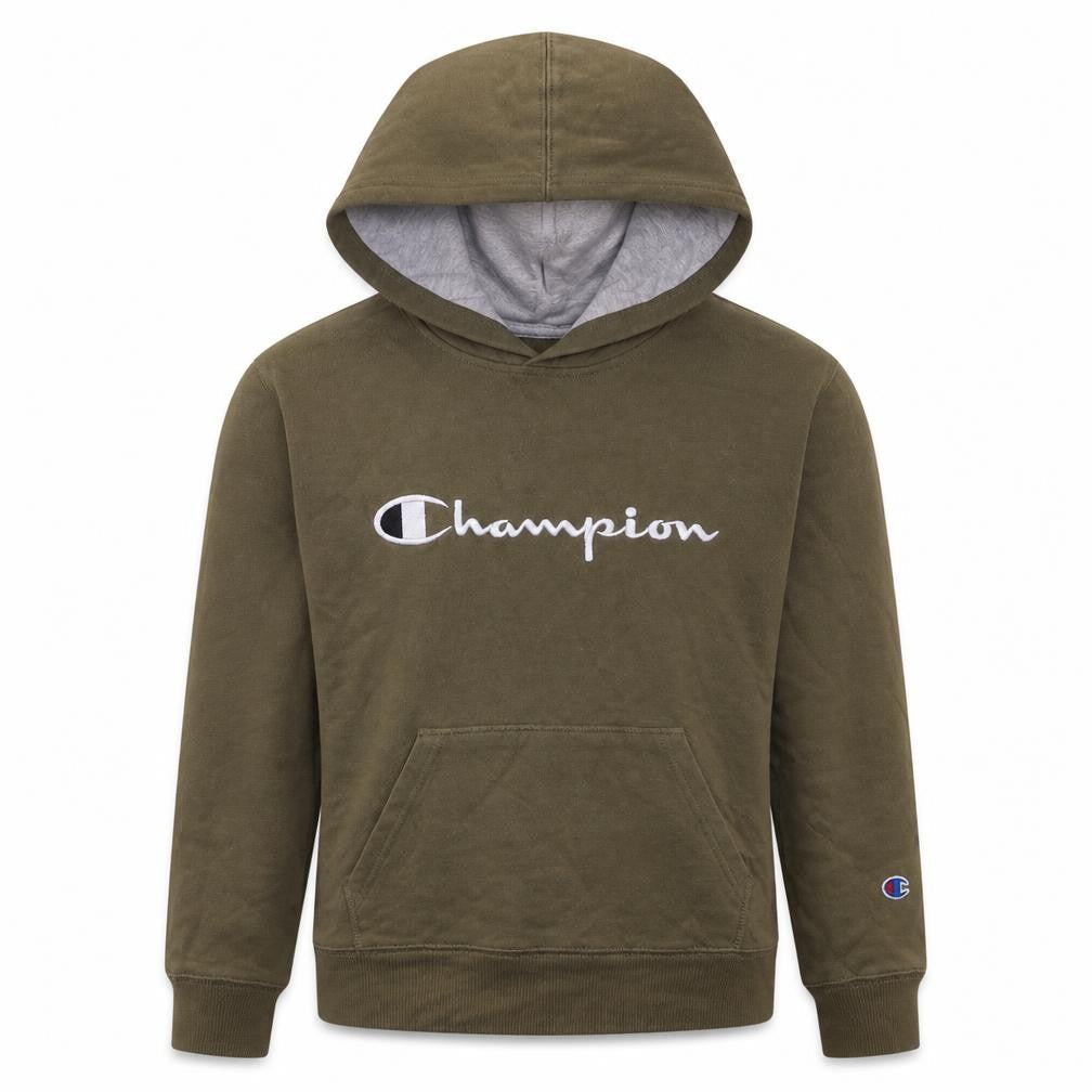 Front view of Champion boys’ khaki hoodie large pullover fleece sweatshirt