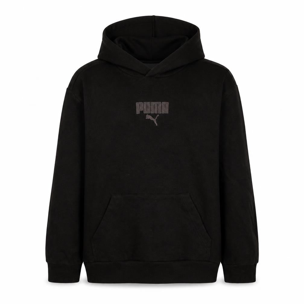 Front view of Puma boys’ black pullover hoodie 14-16 years regular fit fleece sweatshirt