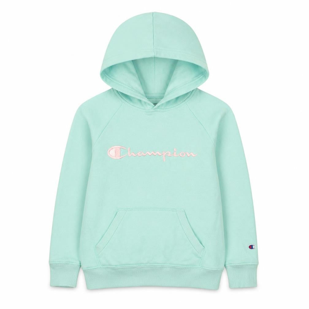 Front view of Champion girls’ aqua blue pullover hoodie small - embroidered logo, fleece lined