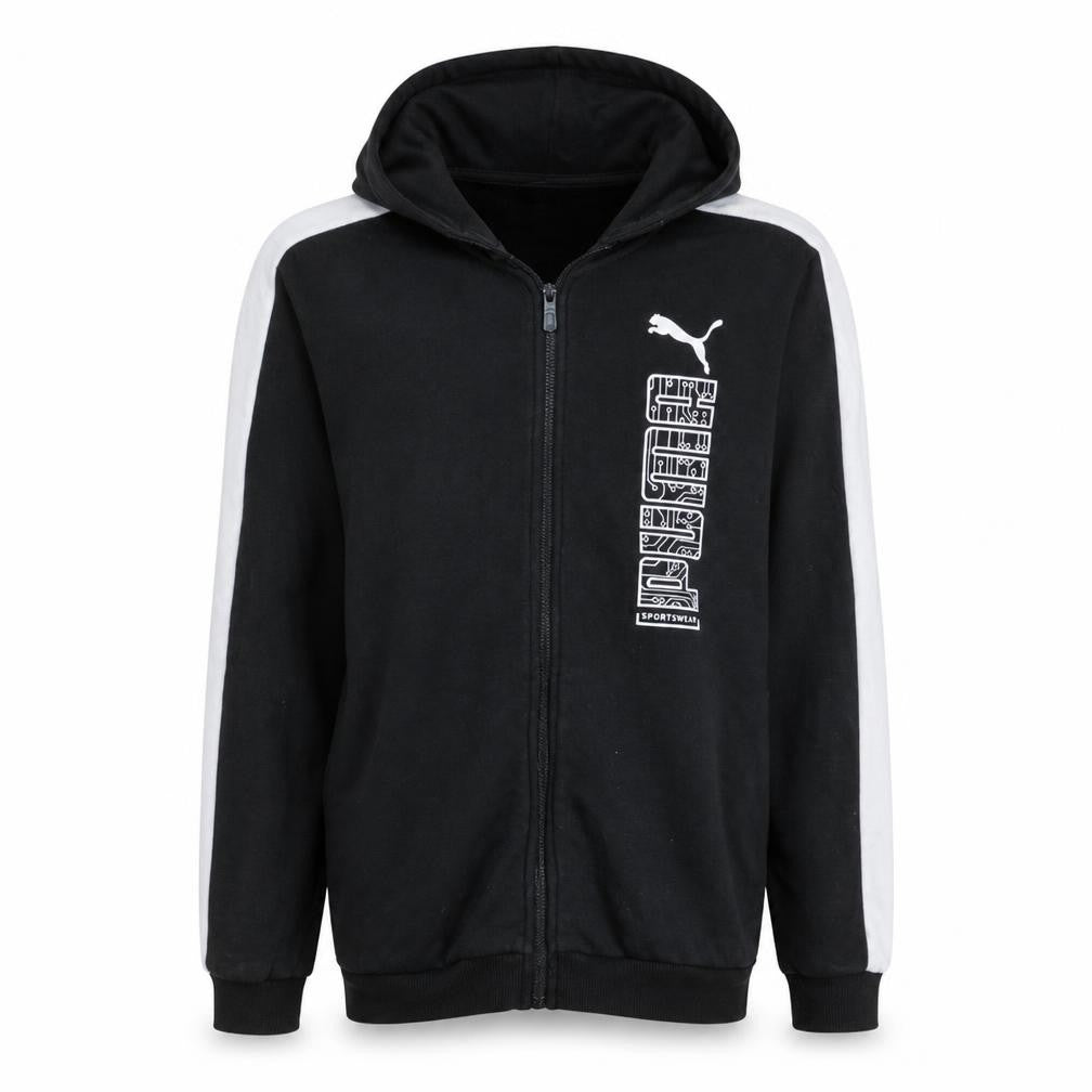 Front view of Puma boys’ black full zip hoodie 15-16 years sportswear logo cotton blend