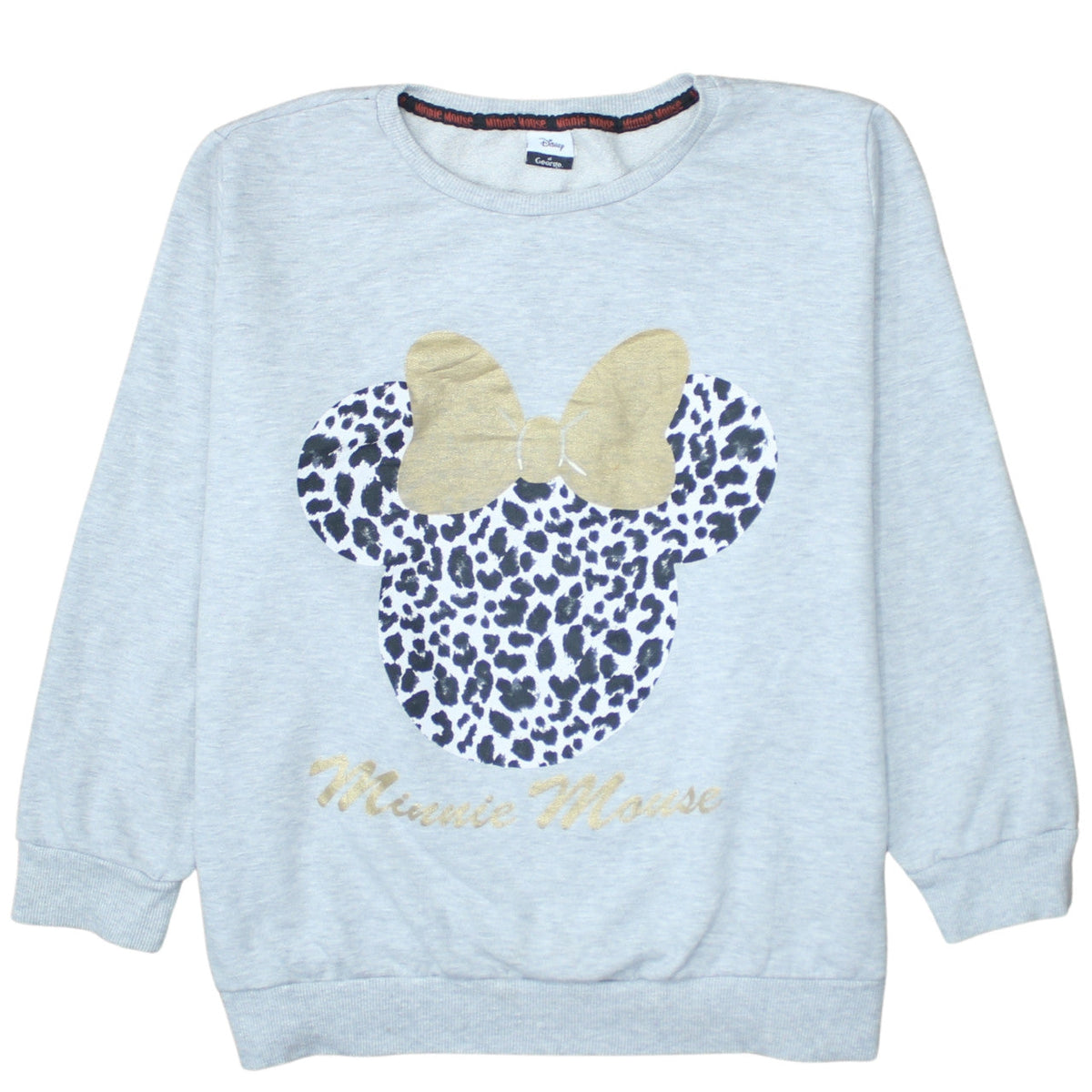 Front view of Disney at George girls’ grey minnie mouse animal print pullover sweatshirt xl