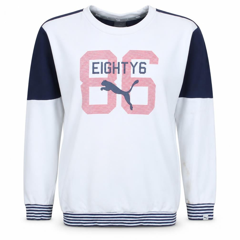 Front view of Puma women’s white blue, size UK 10, crew neck pullover sweatshirt