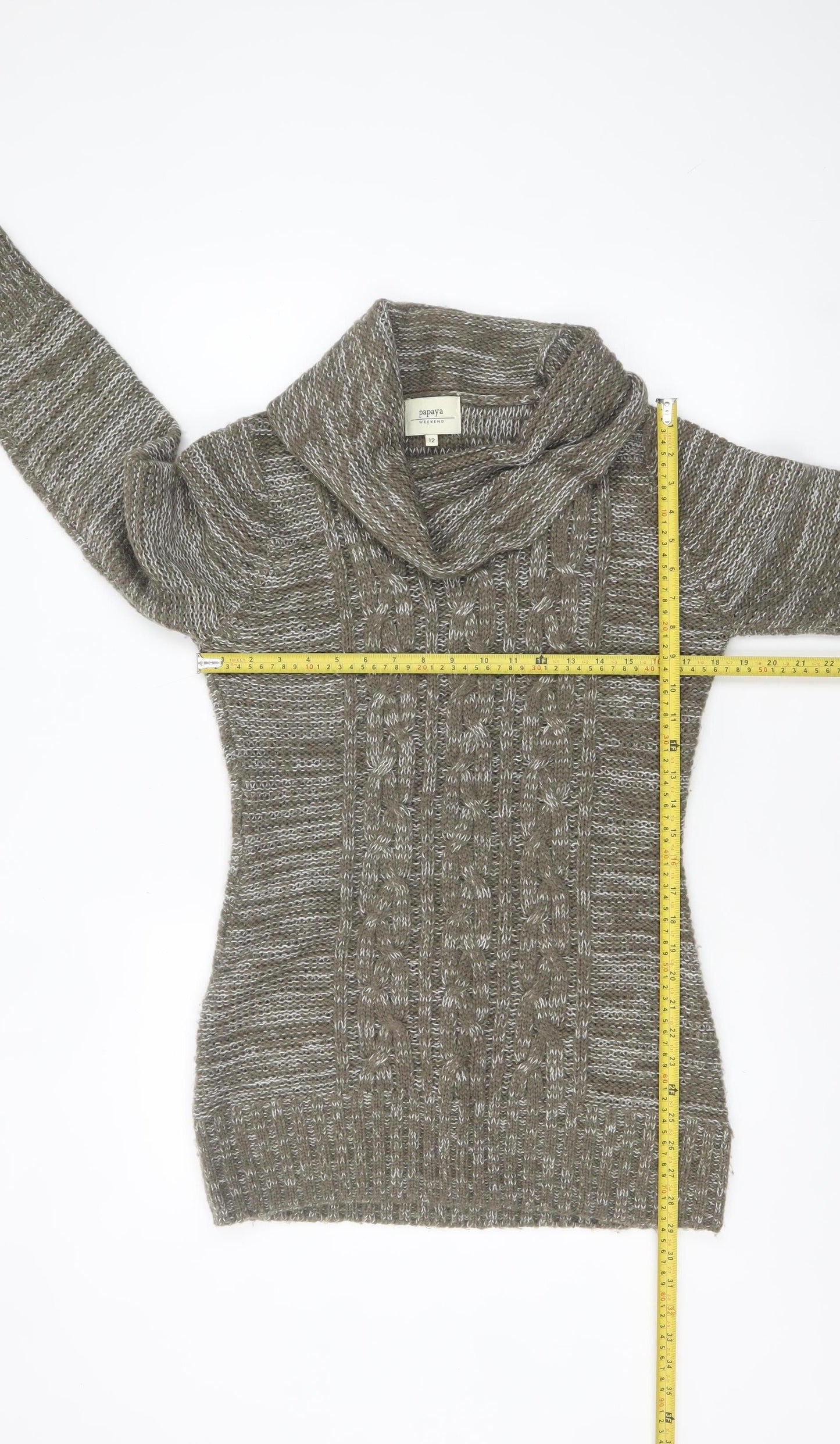 Papaya Women’s Brown Cowl Neck Cable-Knit Jumper Size 12 Acrylic Knitwear