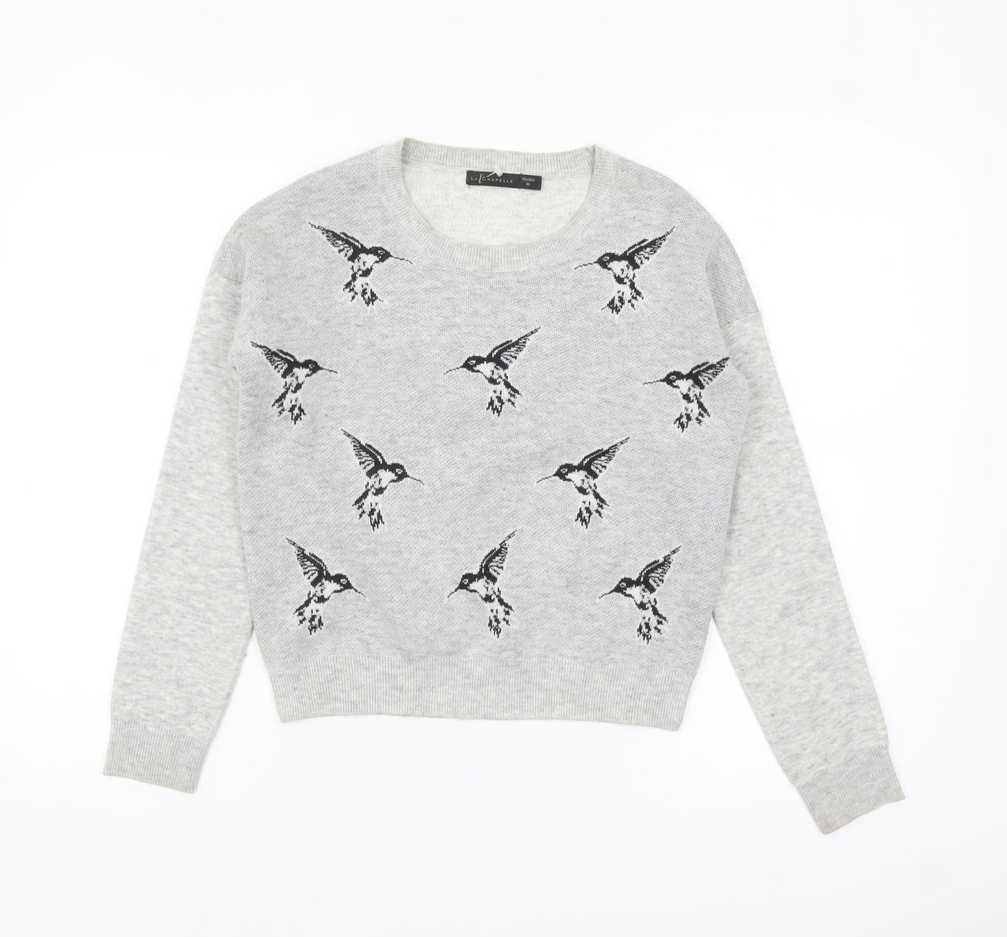La Chapelle Women’s Grey Bird Print Crew Neck Jumper Size 8