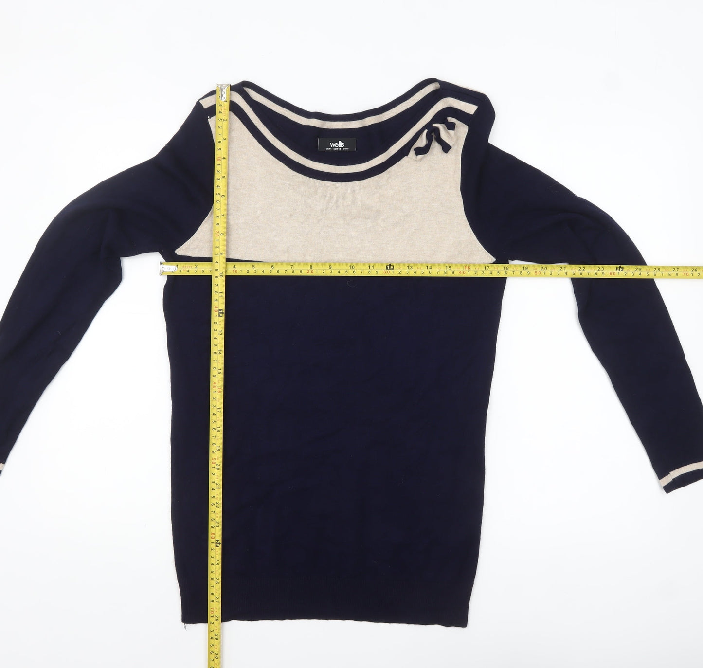 Wallis Women’s Blue Beige Boat Neck Bow Pullover Jumper Size 14