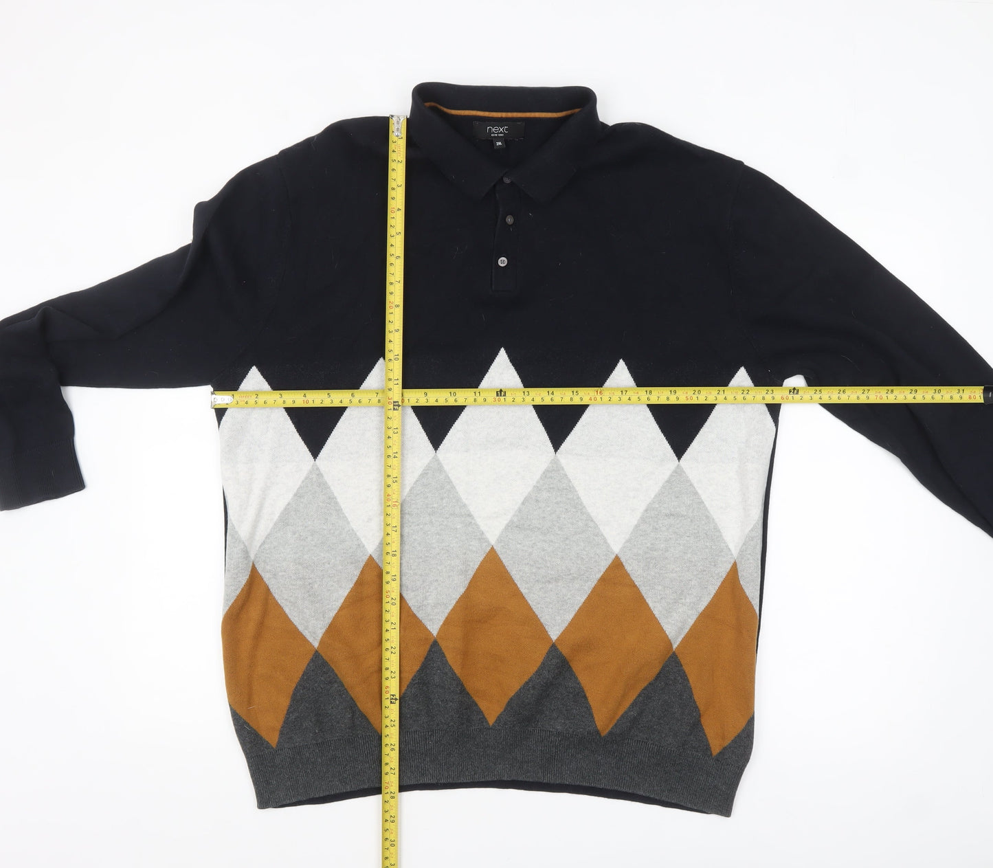 Next Men's Multicoloured Argyle Collared Jumper 2XL Cotton Pullover
