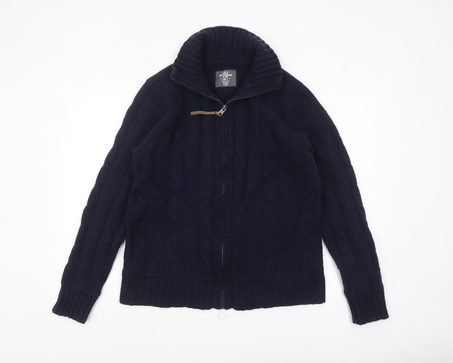 H&M L.O.G.G. Men's Blue Wool Cable-Knit Full Zip Jumper L
