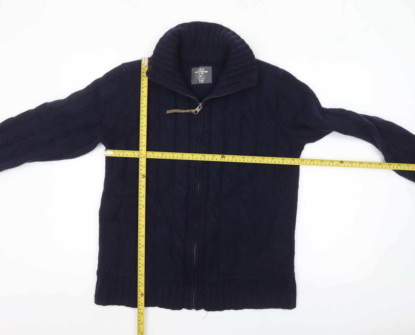 H&M L.O.G.G. Men's Blue Wool Cable-Knit Full Zip Jumper L
