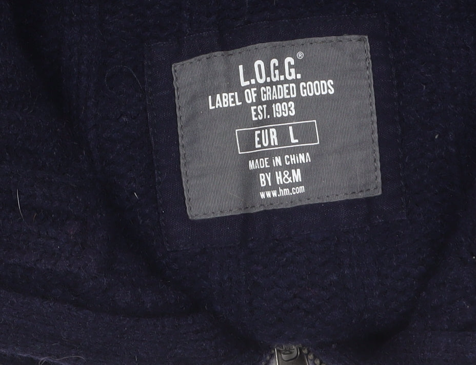 H&M L.O.G.G. Men's Blue Wool Cable-Knit Full Zip Jumper L