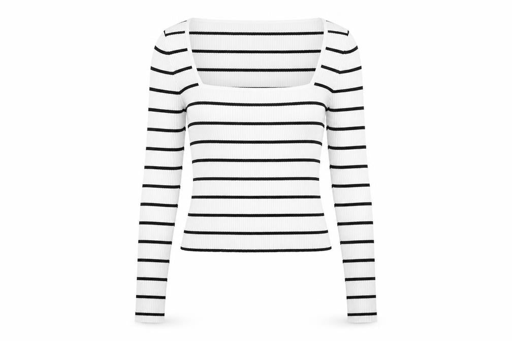 H&M Women’s White Black Striped Square Neck Ribbed Jumper XS