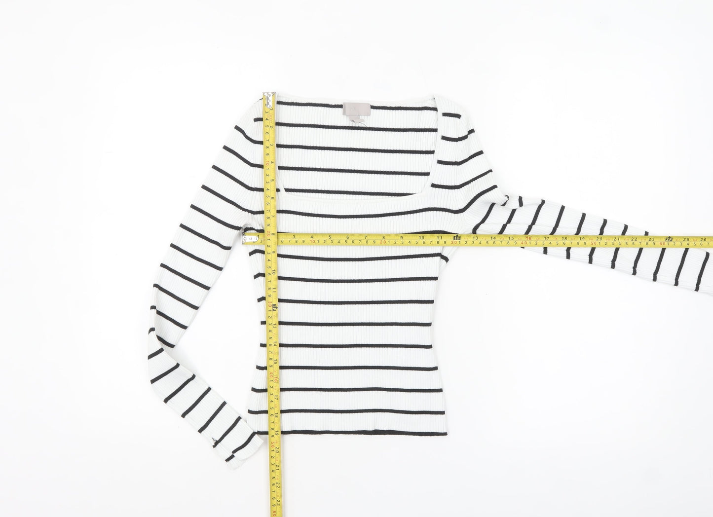 H&M Women’s White Black Striped Square Neck Ribbed Jumper XS