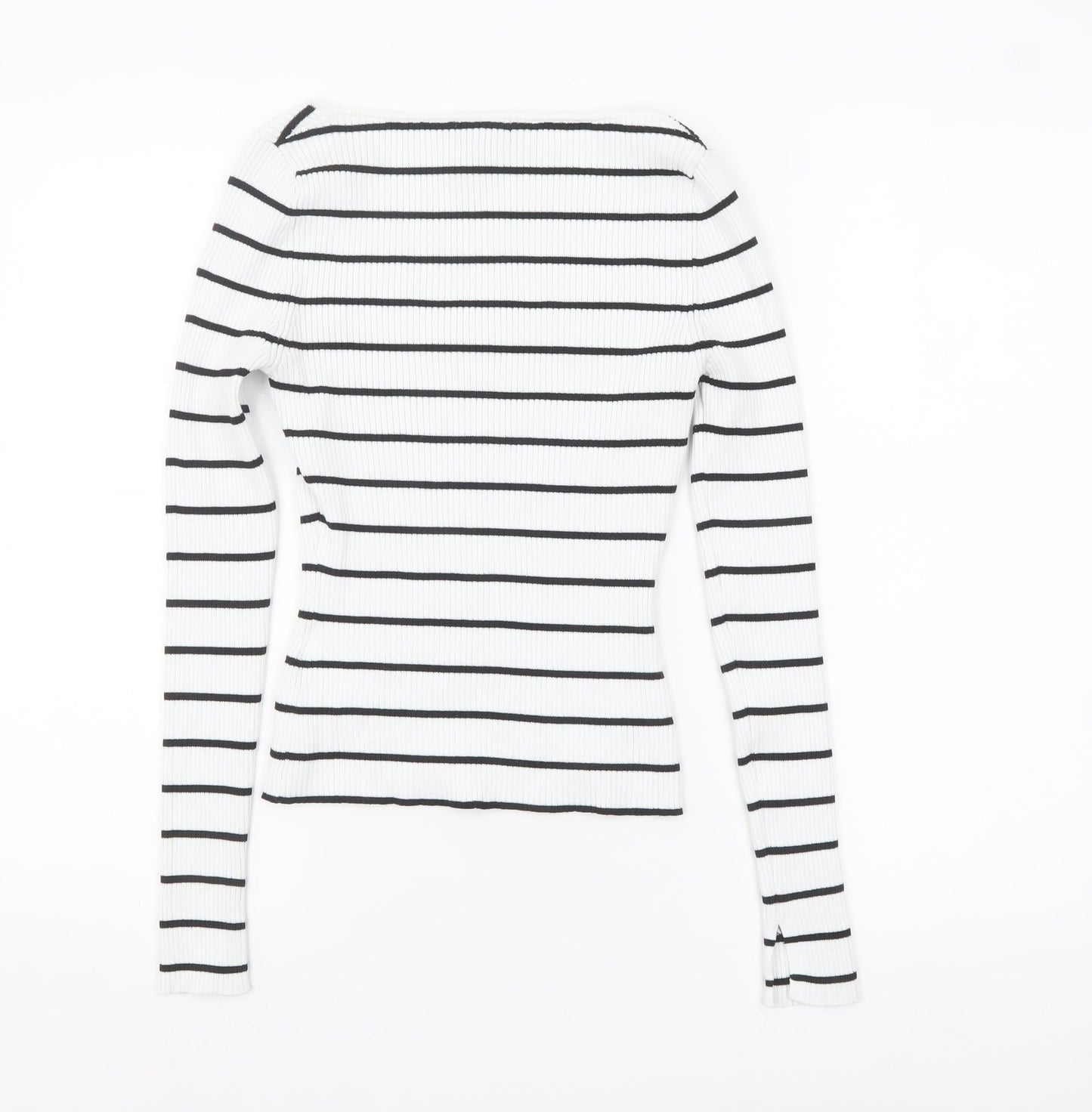 H&M Women’s White Black Striped Square Neck Ribbed Jumper XS