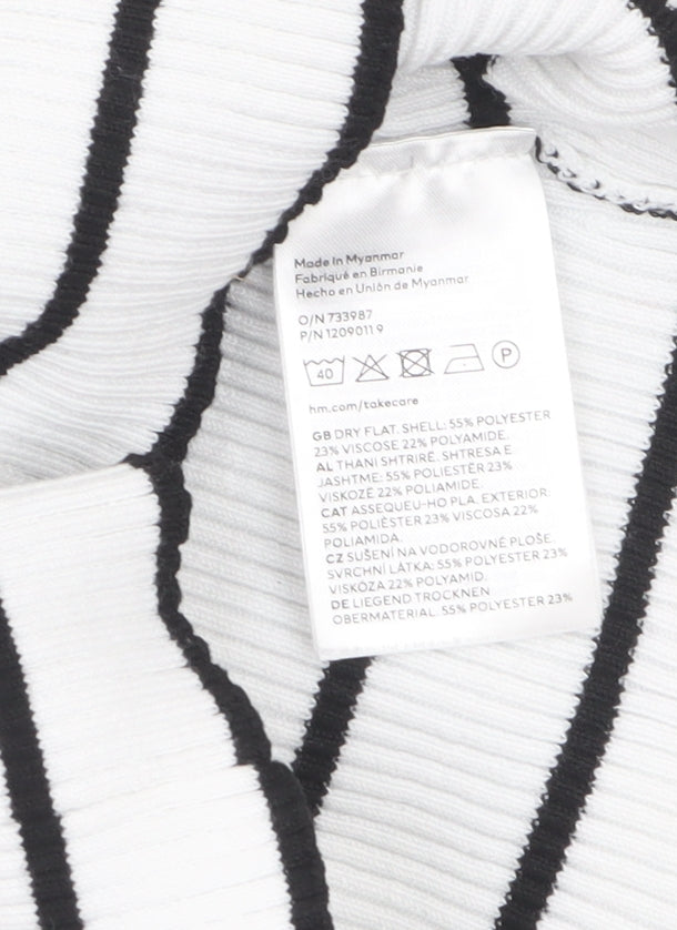 H&M Women’s White Black Striped Square Neck Ribbed Jumper XS