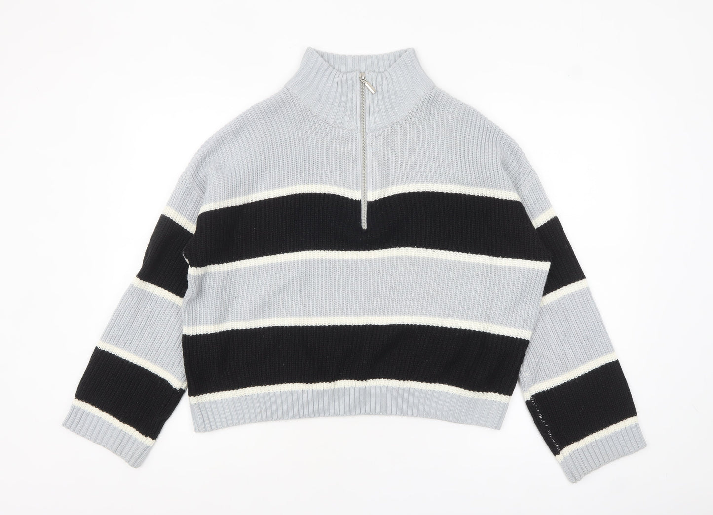 Brave Soul Women’s Grey Striped High Neck Half Zip Chunky Knit Jumper L