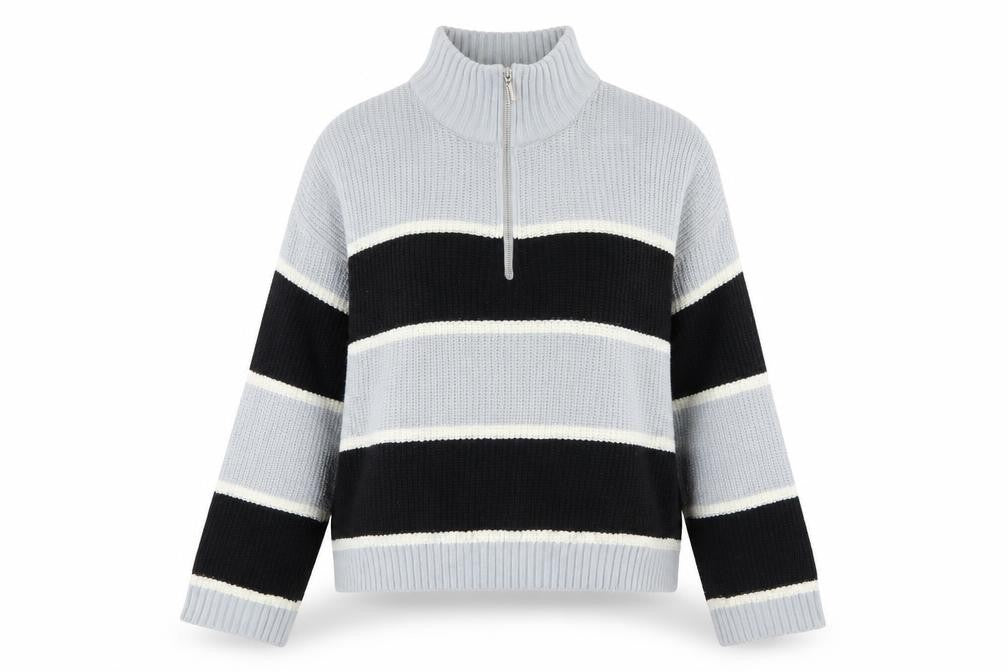 Brave Soul Women’s Grey Striped High Neck Half Zip Chunky Knit Jumper L