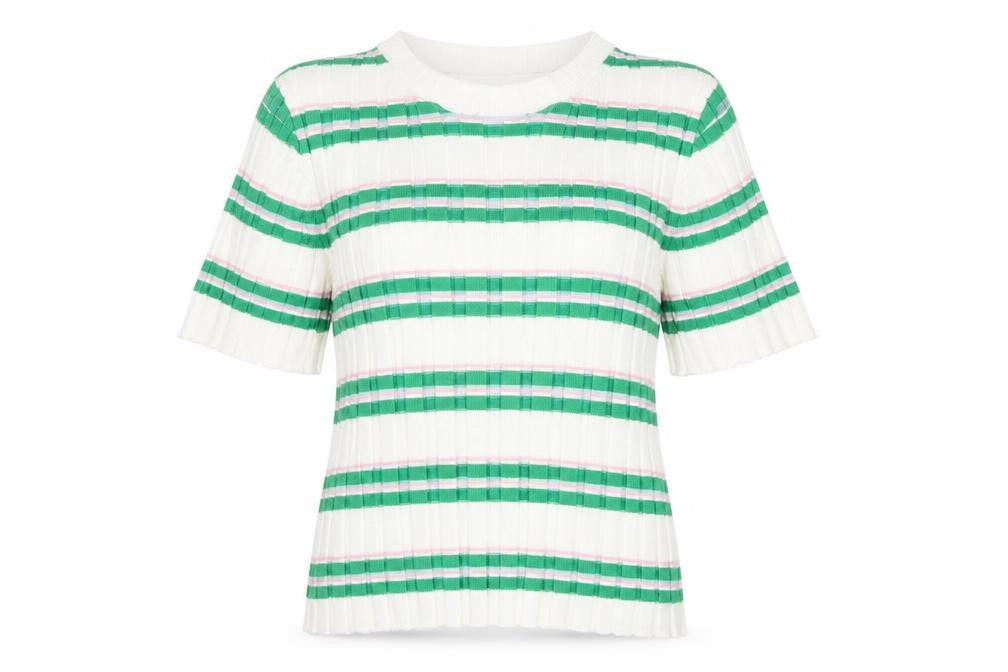 Front view of ASOS DESIGN Women’s White Green Striped Short Sleeve Knit T-Shirt, size UK 4