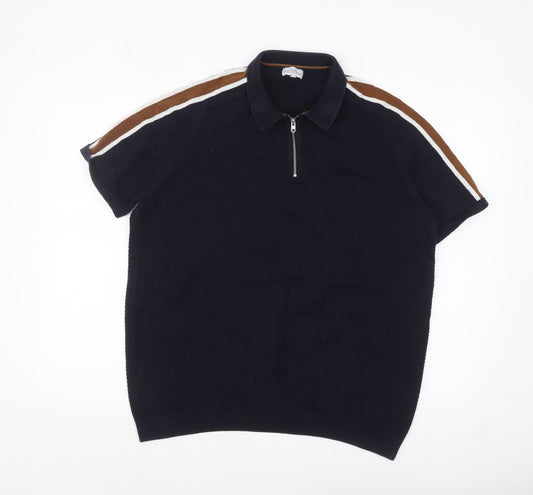 Next Men's Navy Short Sleeve Zip Polo Shirt XL Cotton