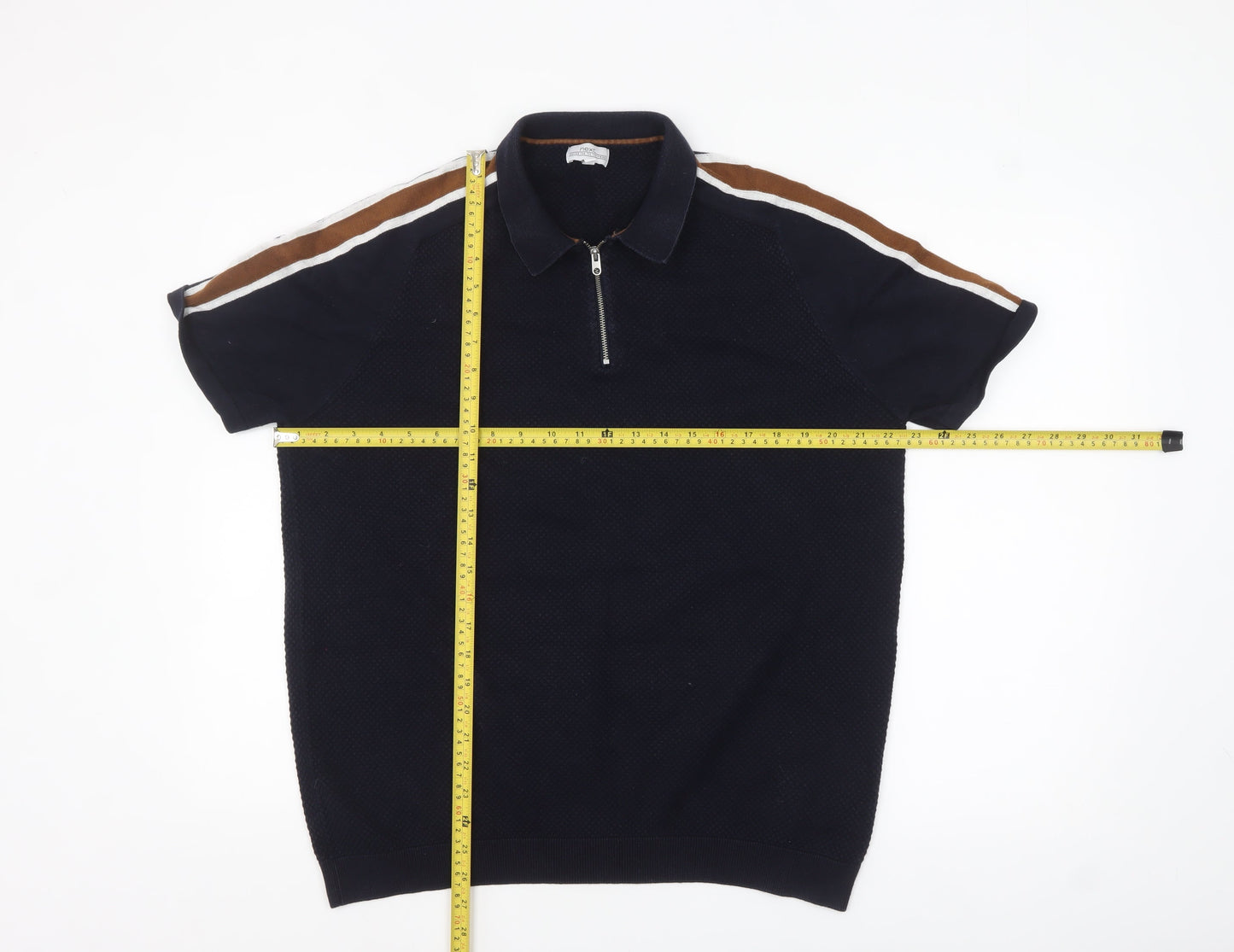 Next Men's Navy Short Sleeve Zip Polo Shirt XL Cotton
