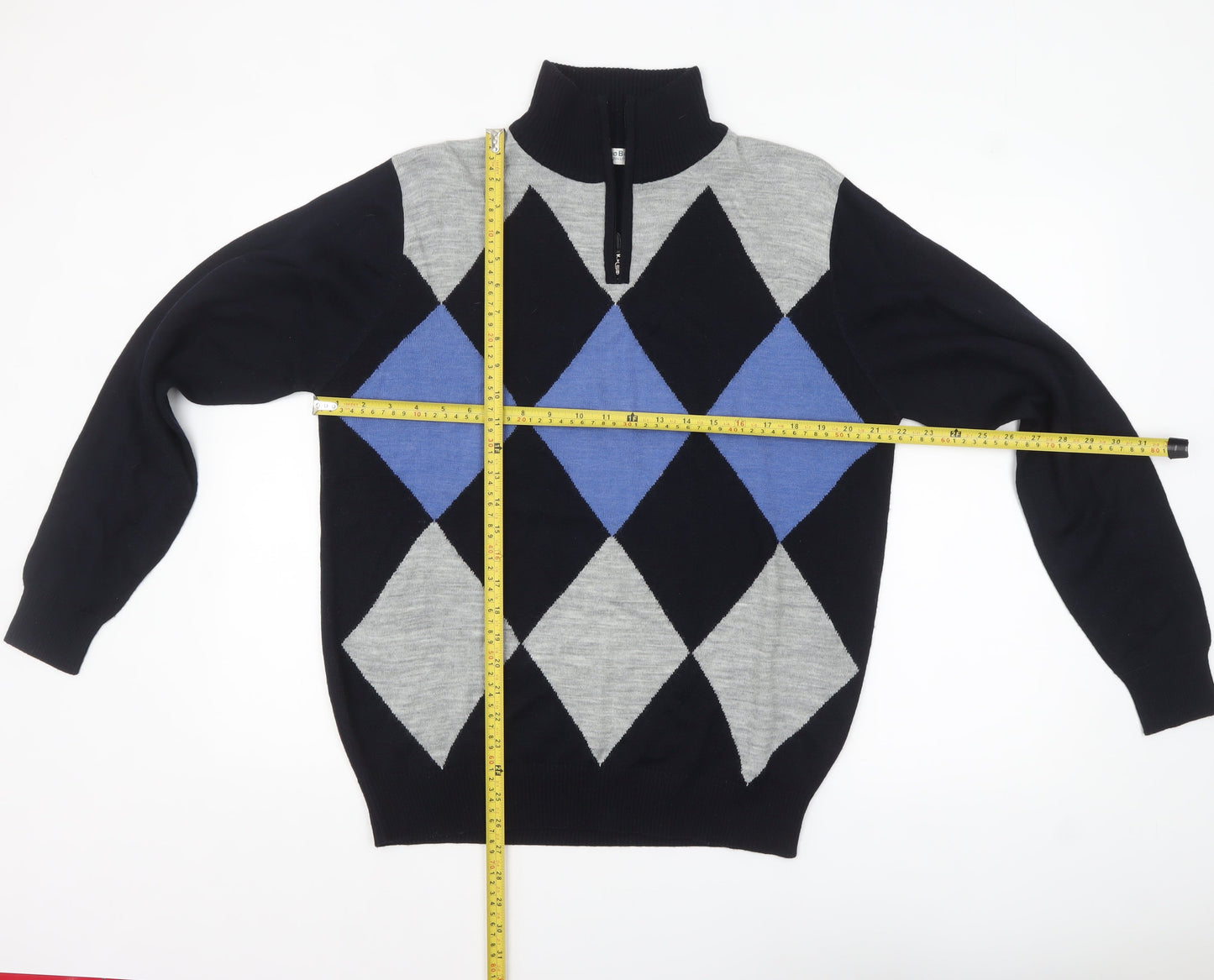 BONO BONO Uomo Men's XL Black Grey Blue Argyle 1/2 Zip Wool Jumper