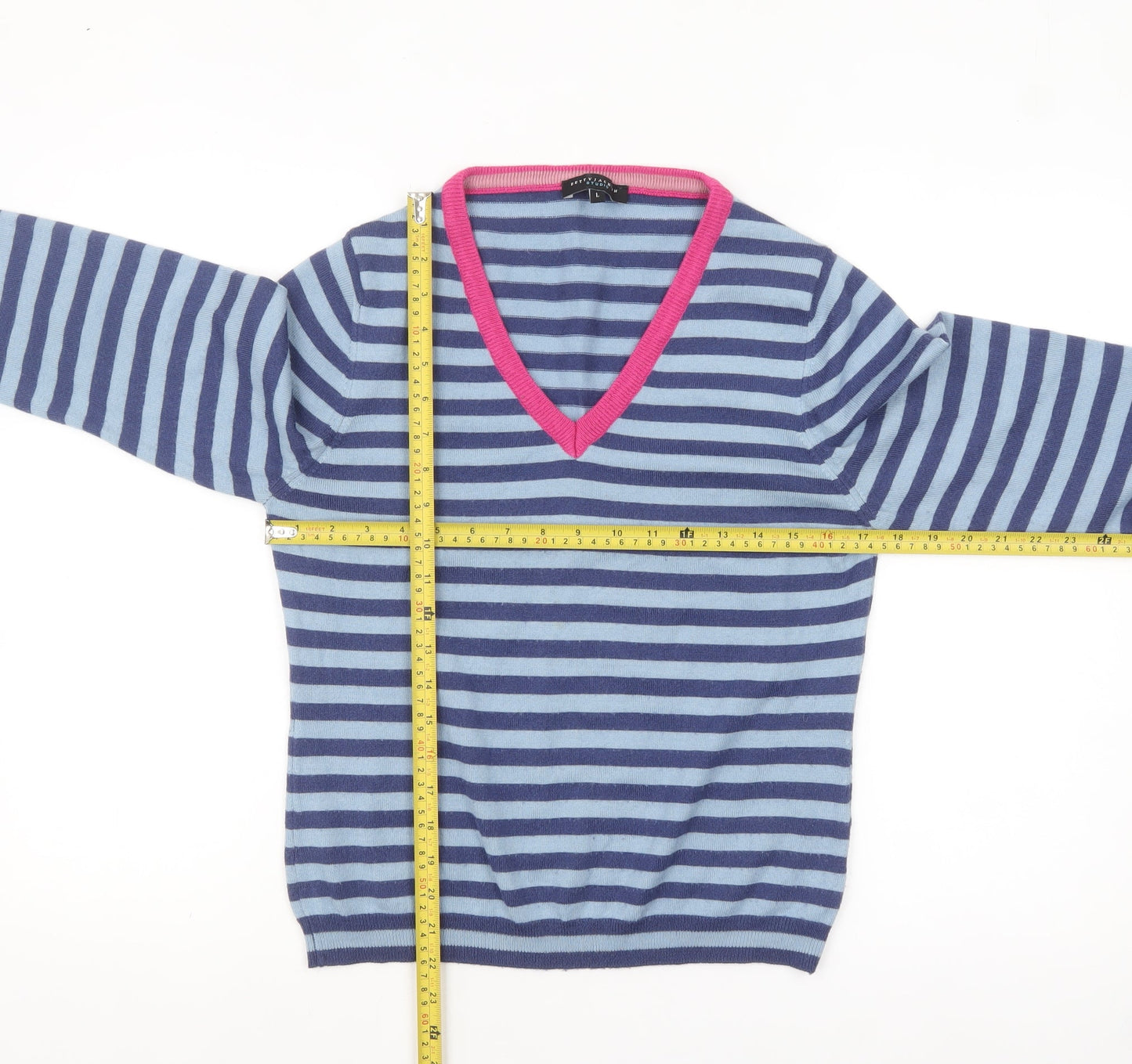 Betty Jackson Studio Women's Blue Striped V-Neck Jumper L
