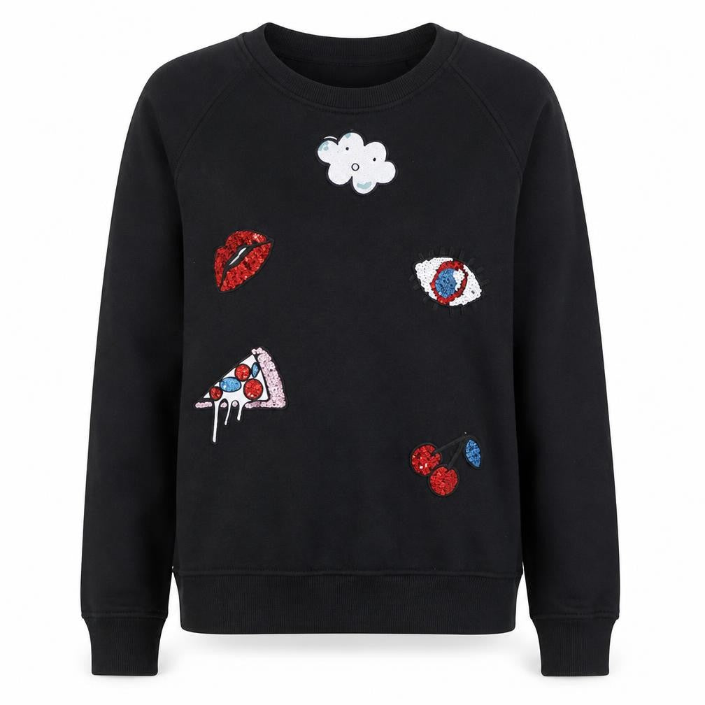 FEE RED Womens Black Sequin Graphic Pullover Sweatshirt L