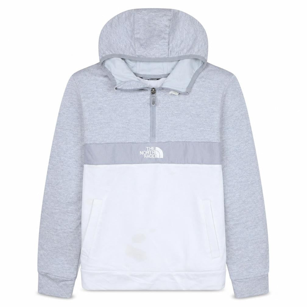 Front view of The North Face boys’ grey xl pullover fleece hoodie with logo and zip
