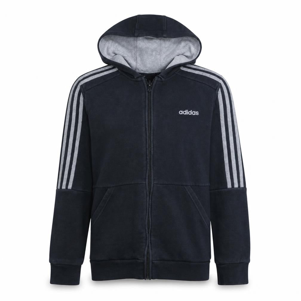 Front view of Adidas boys’ black full zip hoodie, size 13-14, years fleece lined sportswear