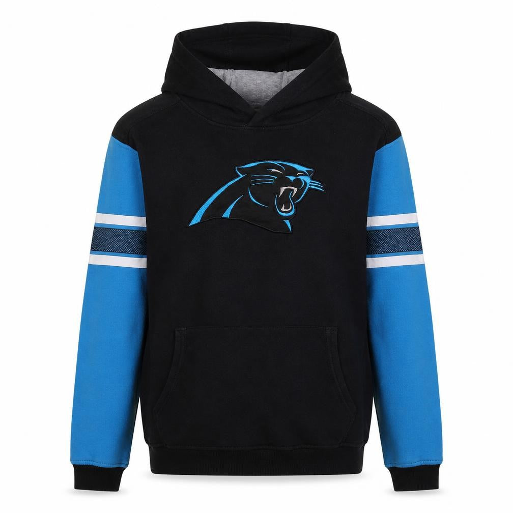 Front view of NFL Team Apparel boys’ black blue pullover hoodie xl sporty panther design