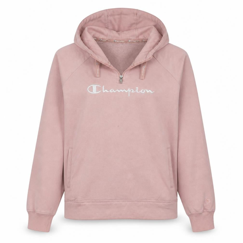 Champion Women's Pink 1/4 Zip Hoodie Large Embroidered Logo Cotton Blend