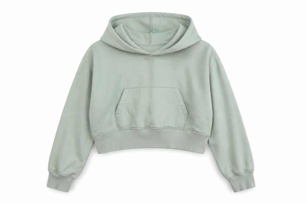 Zara Womens Sage Green L Cropped Pullover Hoodie Cotton Blend