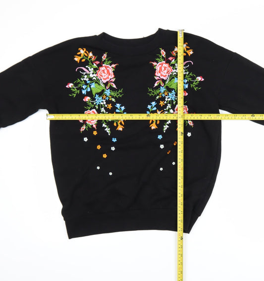 Next Women Black Embroidered Floral Pullover Sweatshirt UK 8