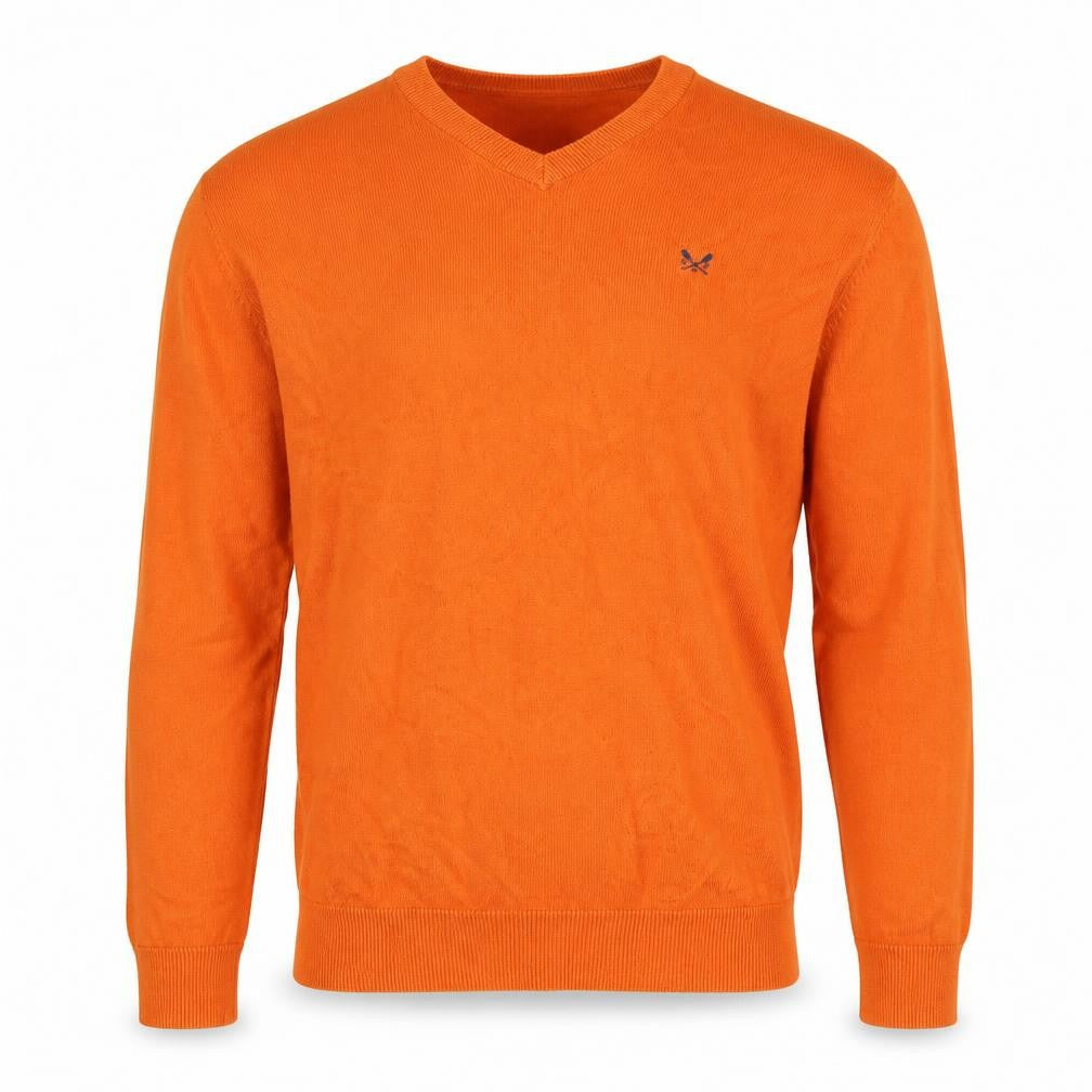 Front view of Crew Clothing Men's Orange V-Neck Cotton Jumper, size S