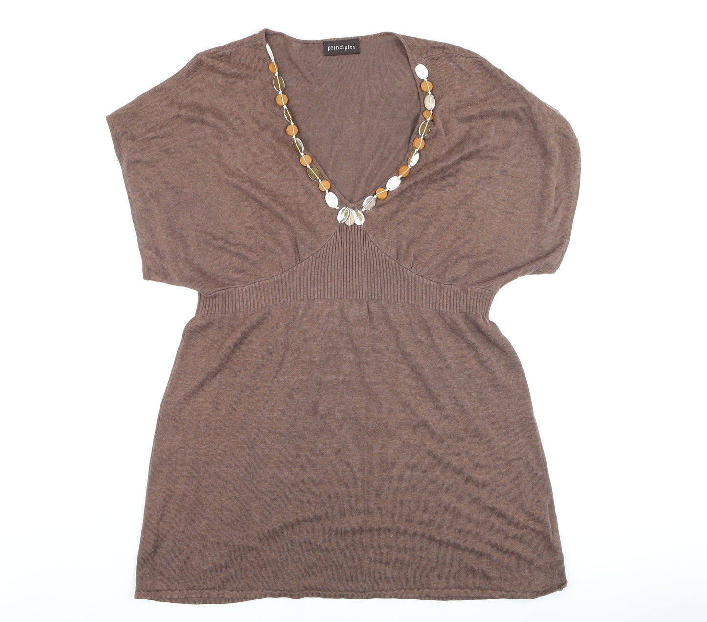 Principles Womens Brown Linen Blend Tunic Top M V-Neck Short Sleeve