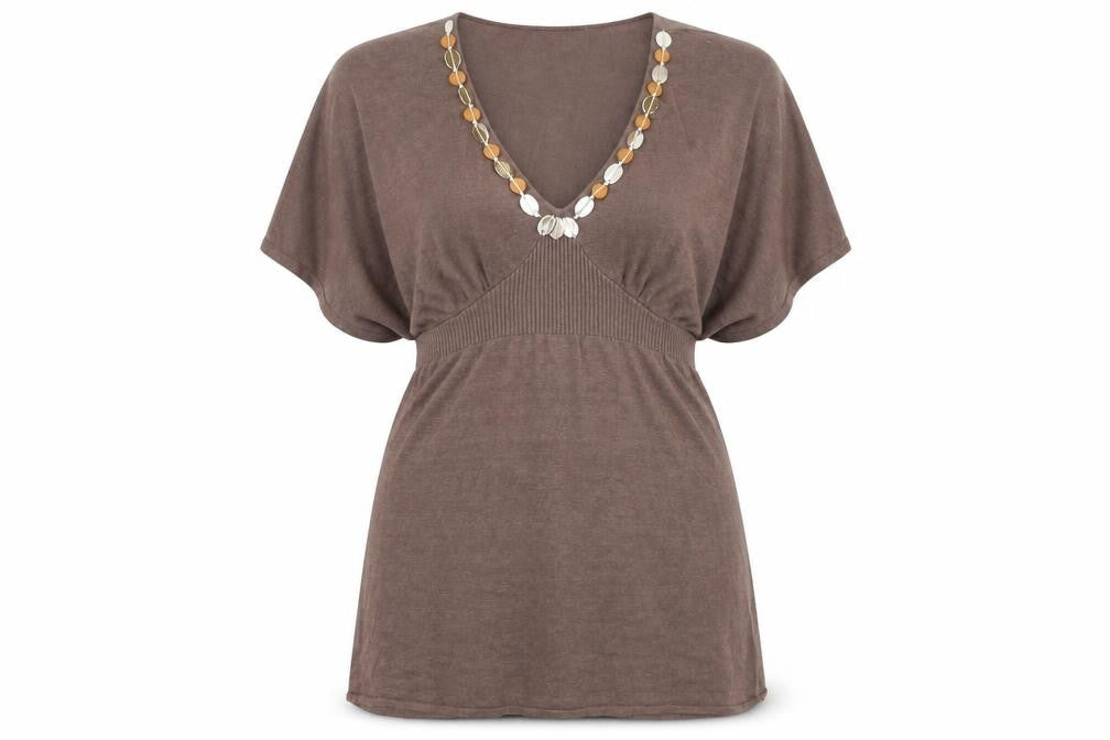 Principles Womens Brown Linen Blend Tunic Top M V-Neck Short Sleeve