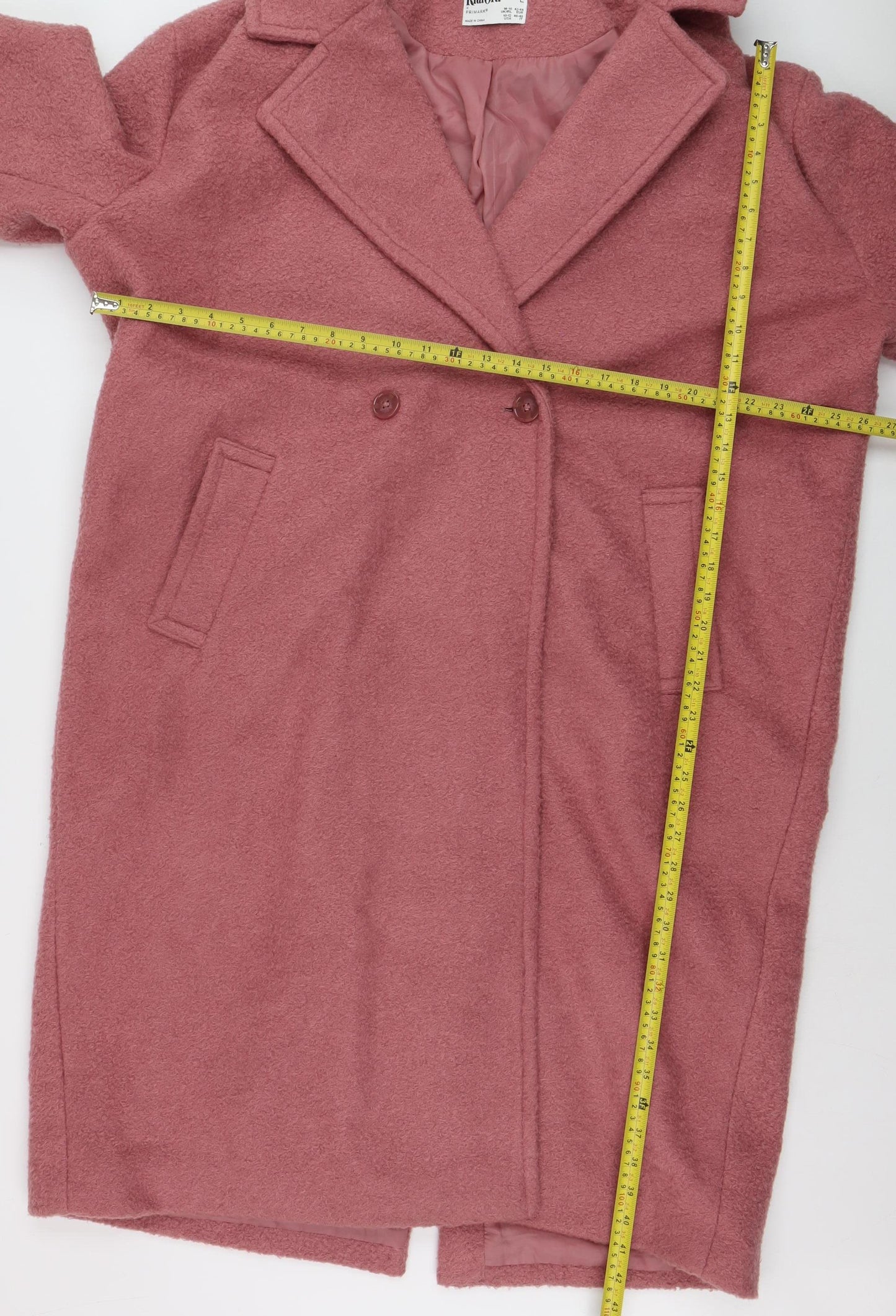 Primark Women’s Pink Long Overcoat Lined Wool-Look Coat Size L 14–16
