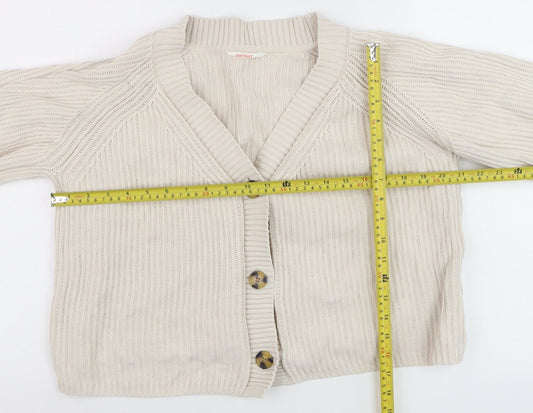 ANYDAY Women Beige Cotton V-Neck Button Cardigan Medium