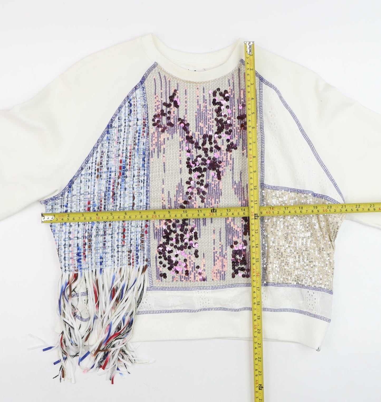 Desigual Women White Sequin Fringe Pullover Jumper Size L