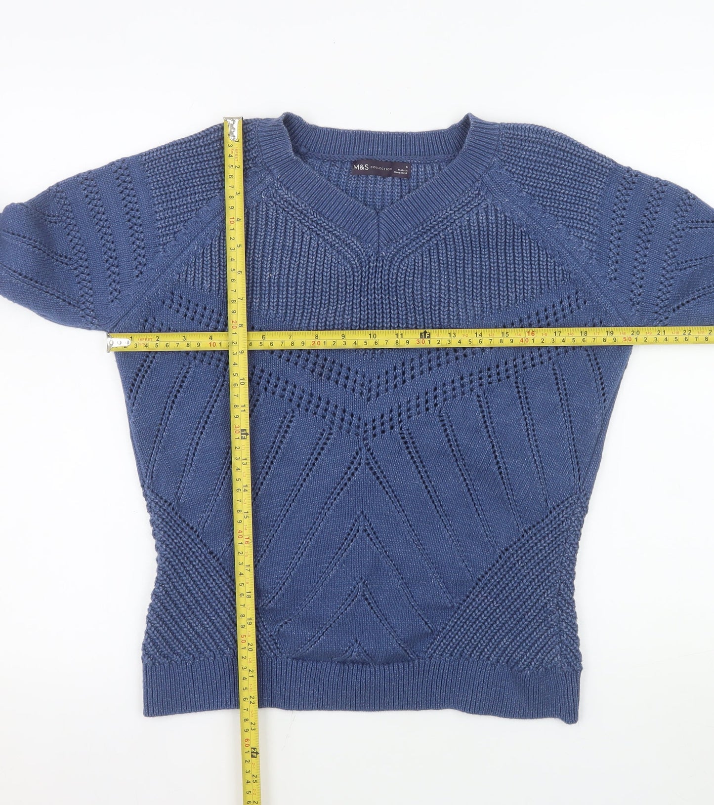 Marks and Spencer Men's Blue V-Neck Chunky Knit Cotton Jumper Size S