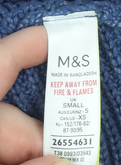 Marks and Spencer Men's Blue V-Neck Chunky Knit Cotton Jumper Size S