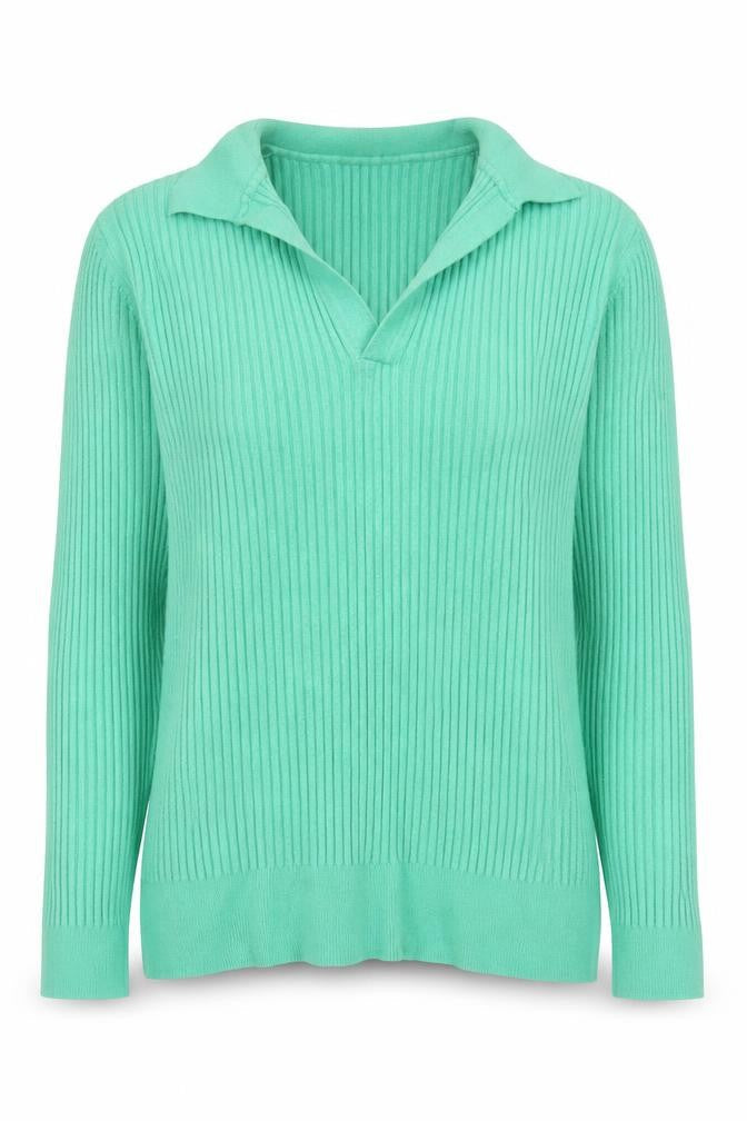 Marks and Spencer Women's Green Collared Rib Knit Long Sleeve Polo Top Size 12