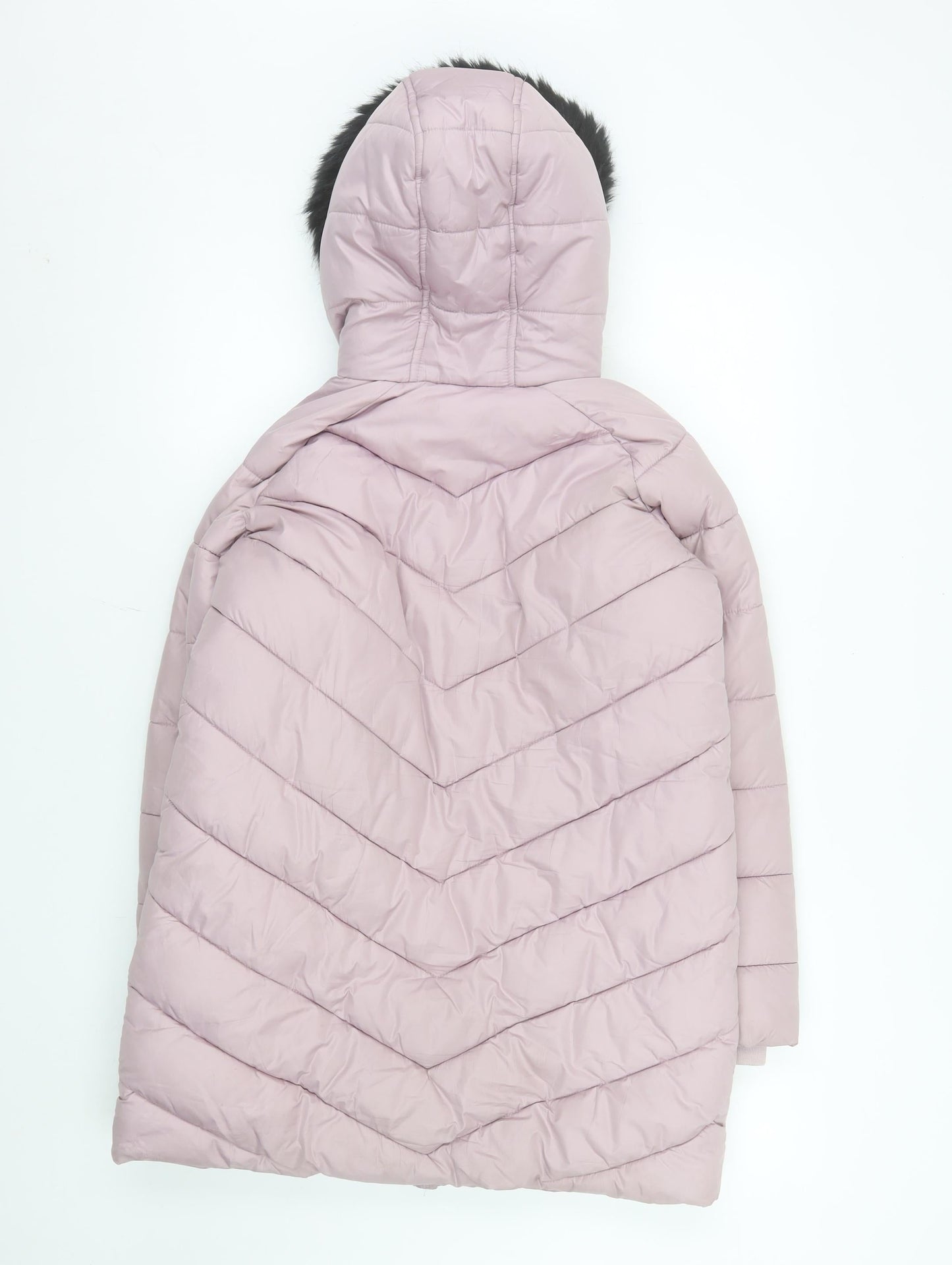 Marks and Spencer Girls Pink Quilted Puffer Coat 11-12 Years Hooded Fur Trim