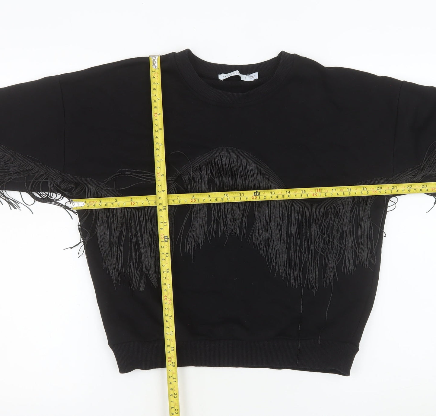 Warehouse Women's Black Fringe Crew Neck Pullover Jumper Size 8