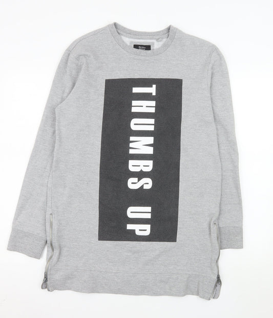 Bershka Mens Grey Graphic 'Thumbs Up' Pullover Sweatshirt M