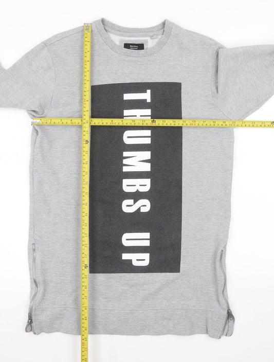 Bershka Mens Grey Graphic 'Thumbs Up' Pullover Sweatshirt M
