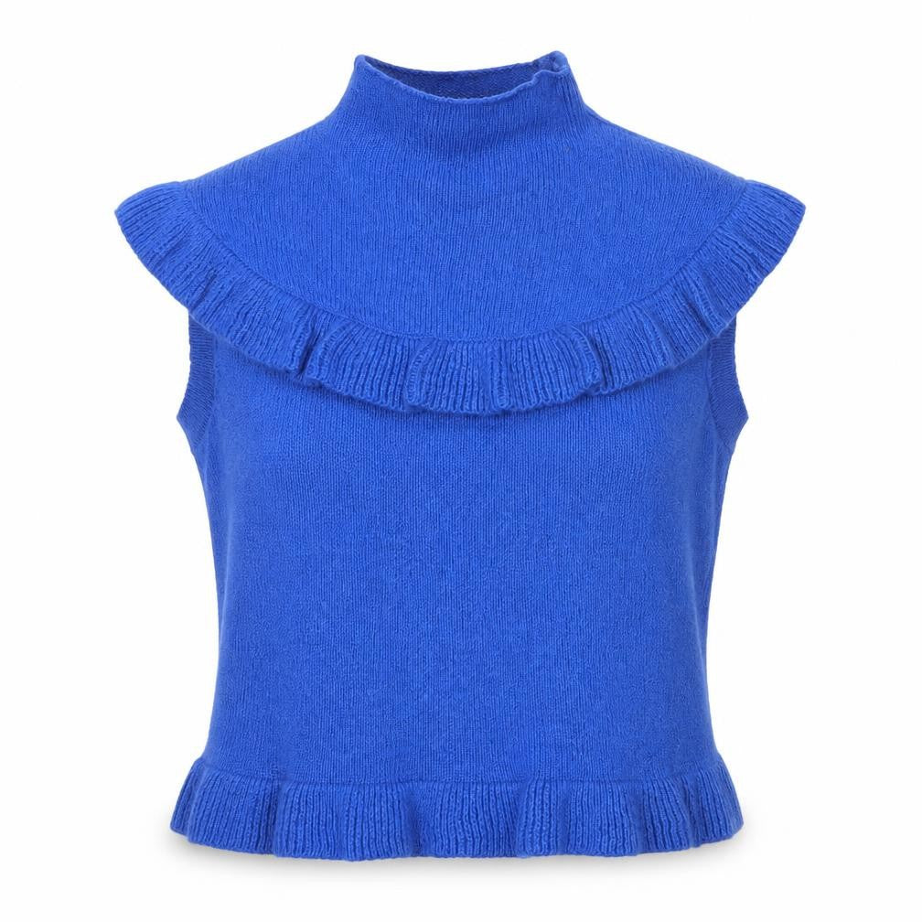 Boohoo Womens Blue Sleeveless Ruffle Knit High Neck Tank Top Size L